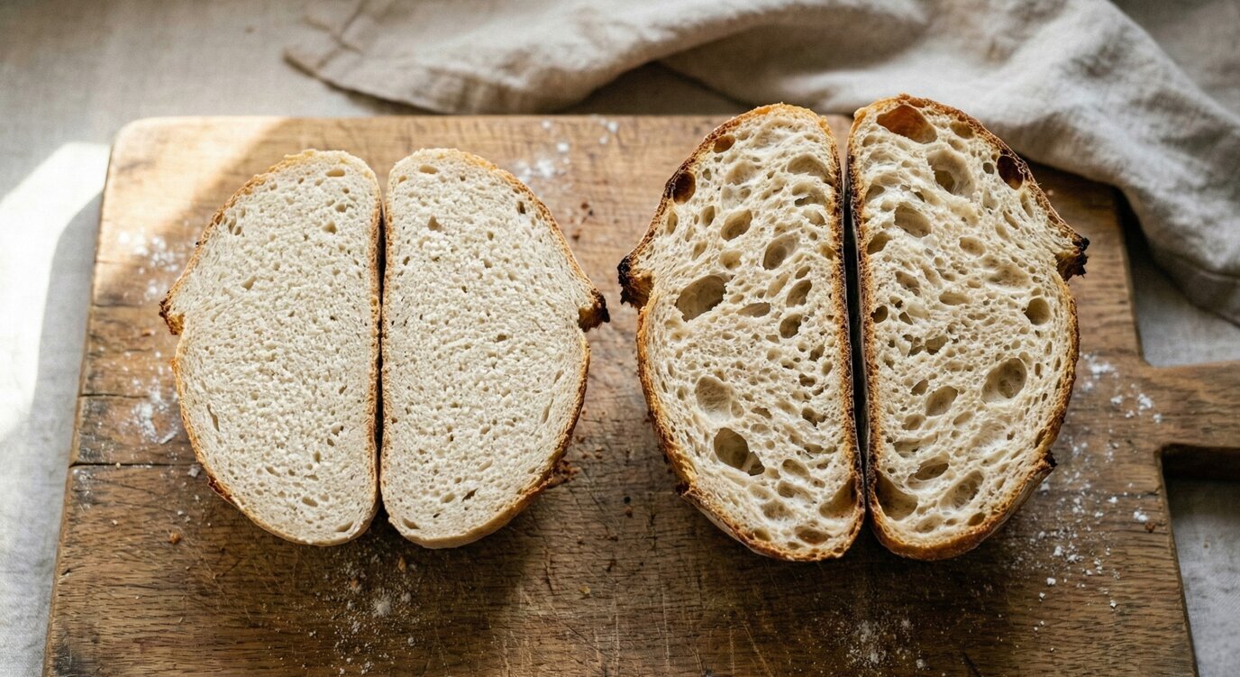 Sliced artisan sourdough loaves on a wooden board, Sommerfuglen Bakeri